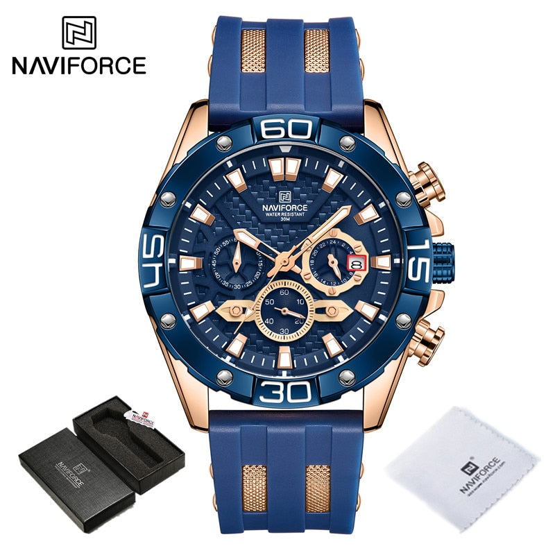 NAVIFORCE Luxury Watches for Men Fashion Silicone Strap Military Waterproof Sport Chronograph Quartz WristWatch Clock With Date