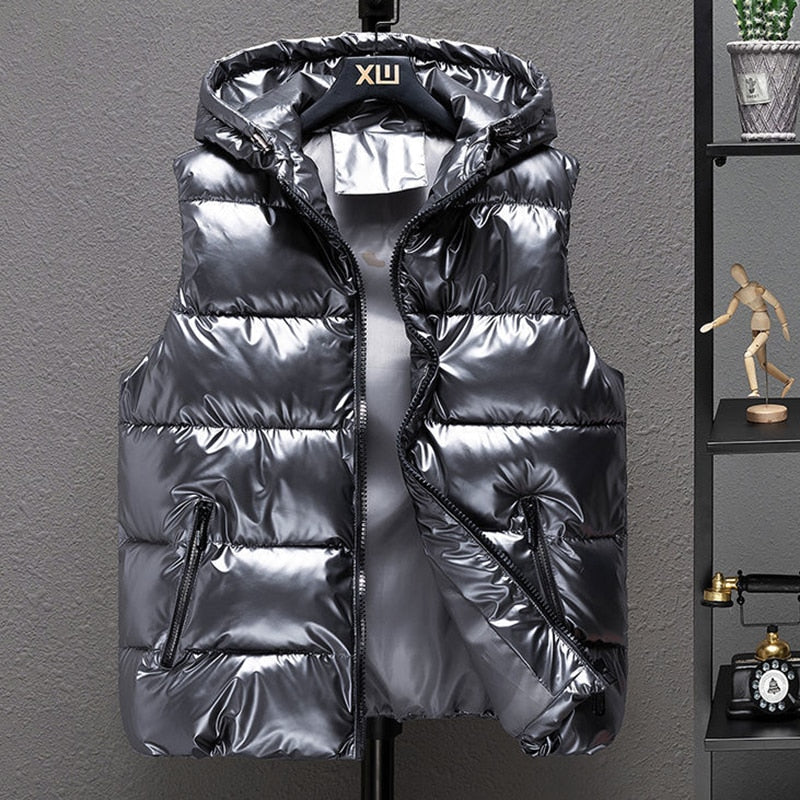 2022 New Women Winter Bright Vests Hooded Thick Vest Waterproof Cotton Padded Sleeveless Coat Female Waterproof Thick Waistcoat