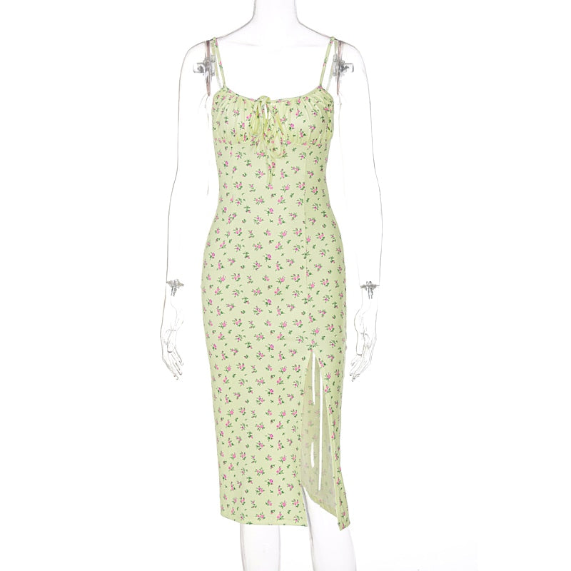 Chicology 2022 Summer Women Dress Small Floral Side Slit Sexy Sling French Slim Light Breathable Sleeveless Festival Dresses