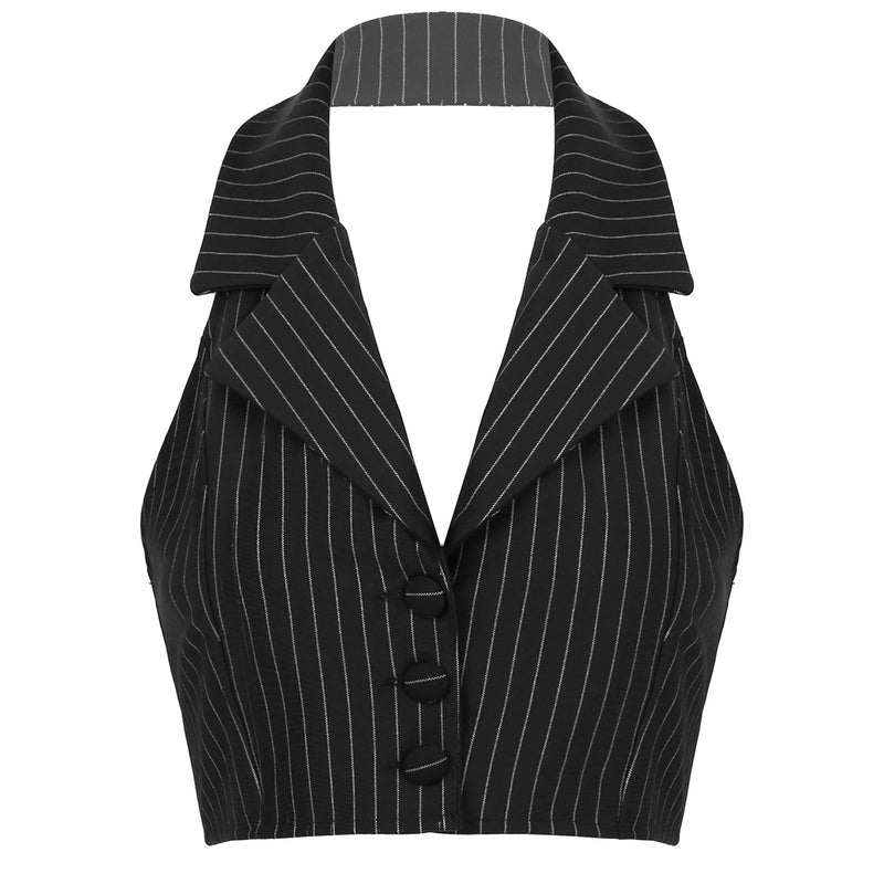 Womens Stripe Vests Elegant OL Waistcoat Suit Vest Halter Neck V-Neck Office Ladies Crop Tops Business Formal Work Wear Mujer