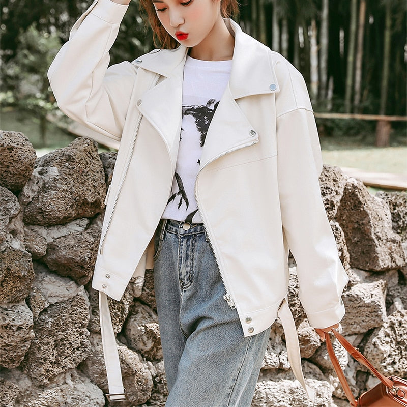 FTLZZ 2022 New Spring Women Pu Leather Motorcycle Jacket Female With Belt Solid Color Jackets Ladys Loose Casual Jacket