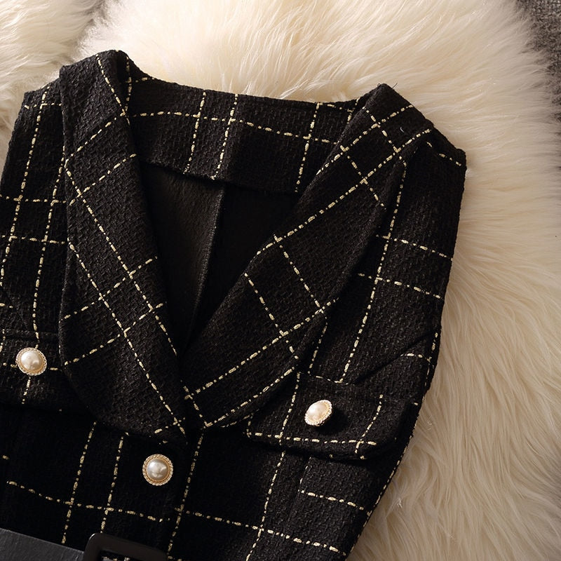 Vintage Mid-Length Plaid Tweed Vest Jacket Women 2 Piece Set Elegant Pearl Button Belted Unlined Waistcoat And Knitted Sweater