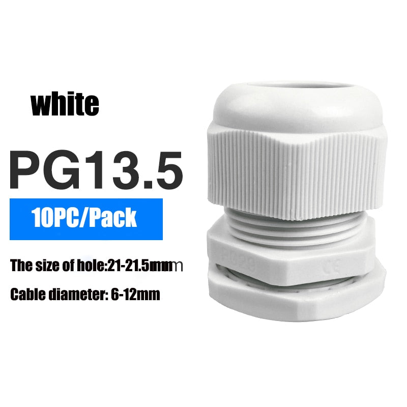 Waterproof Cable Gland 10pcs Cable entry IP68 PG7 for 3-6.5mm PG9 PG11 PG13.5 PG16 PG19/21/ White Black Nylon Plastic Connector