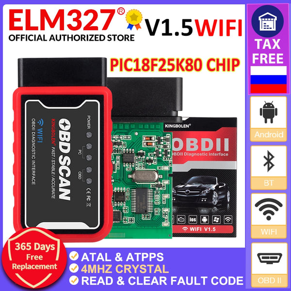 ELM327 Bluetooth-compatible V1.5 PIC18F25K80 ATAL &amp; ATPPS 4mHz Crystal Wifi ELM327 for Android/IOS/PC Torque OBDII Code Reader