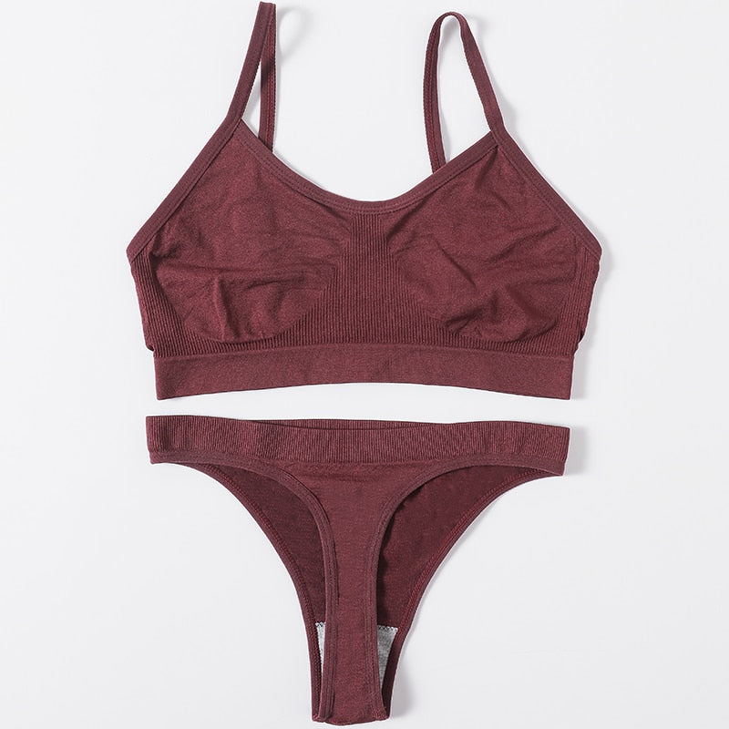 Sexy Women Bra Set Seamless Bra and Pantys Set Sexy Lingerie Set Rib Crop Top Female Brassiere Low Wasit Thong Fitness Underwear