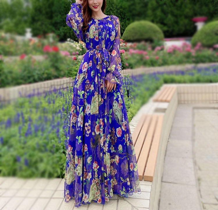 Maxi Dress Floral Printed  Loose Chiffon Fashion Abaya Islamic Clothes Muslim Female Saudi Arabia Dubai Kaftan Long Dress Summer