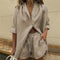 Cotton and Linen suit 2021 Women Solid Clothes Set Half Sleeve Lapel Neck Button-up Shirt+Irregular Hem Drawstring Shorts Sets