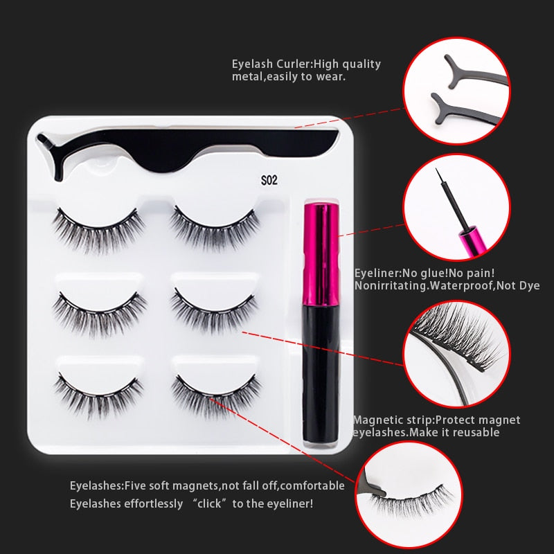 3Pairs Magnetic Eyelashes Handmade Mink Eyelash Magnetic Eyeliner Beauty Makeup Set False Lashes Short Faux Cils No Glue Needed