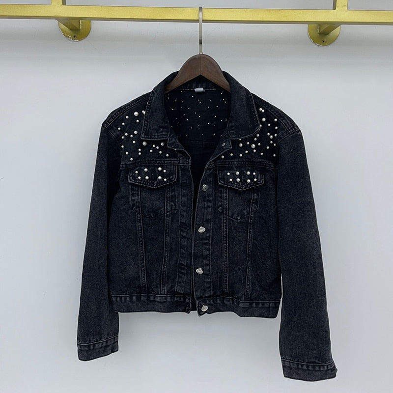 DEAT Fast Delivery New Autumn Fashion Women’s Denim Jacket Full Sleeve Loose Button Pearls Short Lapel Wild Casual 2022 AP446