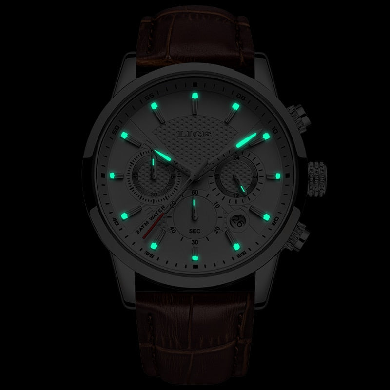2022 New Mens Watches LIGE Top Brand Leather Chronograph Waterproof Sport Automatic Date Quartz Watch For Men Relogio Masculino