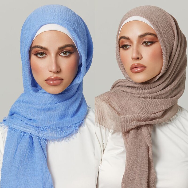 Pleated Plain Hijab Scarf Muslim Women Cotton Crinkle Headband Veil Scarves 2021 Fashion Islamic Headscarf Head Wraps Turban