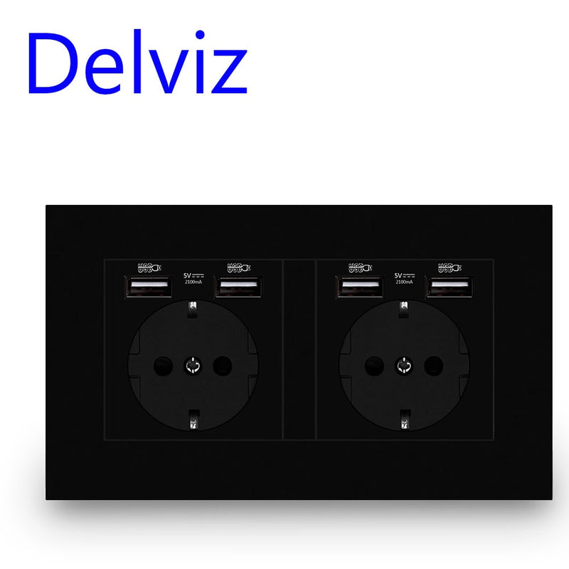 Delviz EU Standard USB socket, Double Outlet,16A Quality power panel AC 110~250V 146mm * 86mm,Double frame Wall USB Power Outlet