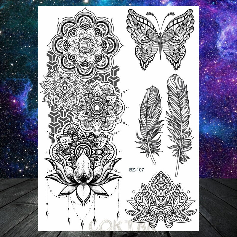 Sexy Black Henna Temporary Tattoos For Women Girls Body Art Decoration Fake Jewelry Chains Waterproof Mandala Flower Tatoos Kit