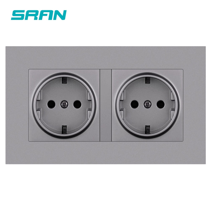 SRAN eu 2gang Power socket,16A electrical plug grounded Hide LED indicator,double Socket with USB, 146*86mm pc panel wall socket