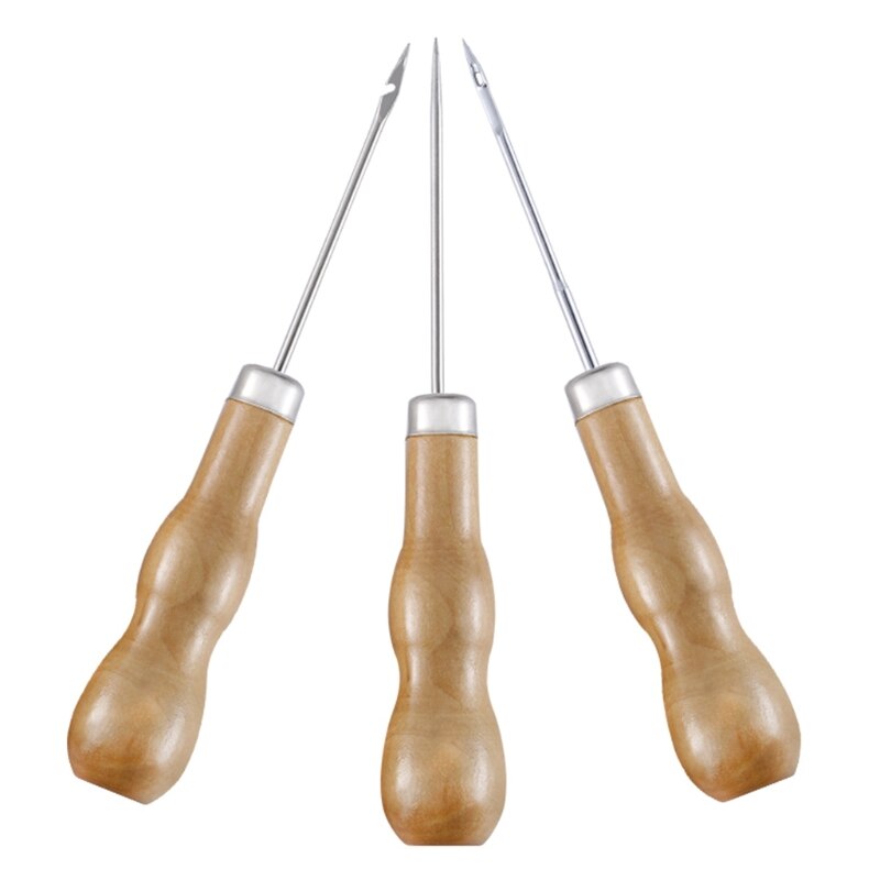 3PCS/SET Wooden Handle Sewing Awl Hand Stitcher Leathe Punch Tool DIY Shoe Repair Hook Tool Leather accessories