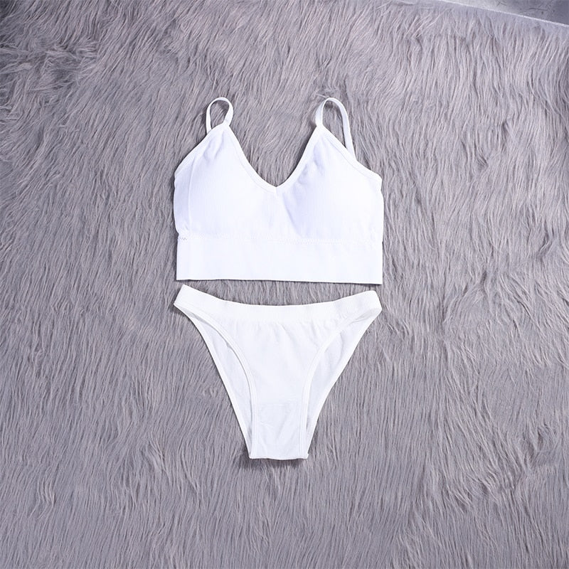 ATHVOTAR 2PCS Bra Sets Seamless Underwear Set Ribbed Bra Top Low-Waist Women Panties Female Bralette Lingerie New