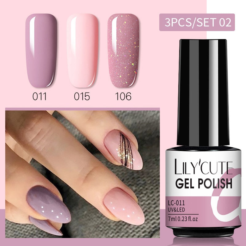 LILYCUTE 3 PCS Gel Nail Polish Set Nude Pink Glitter Sequins Matte Effect Gel Long Lasting Base Top Coat Nail Art Design Hybrid