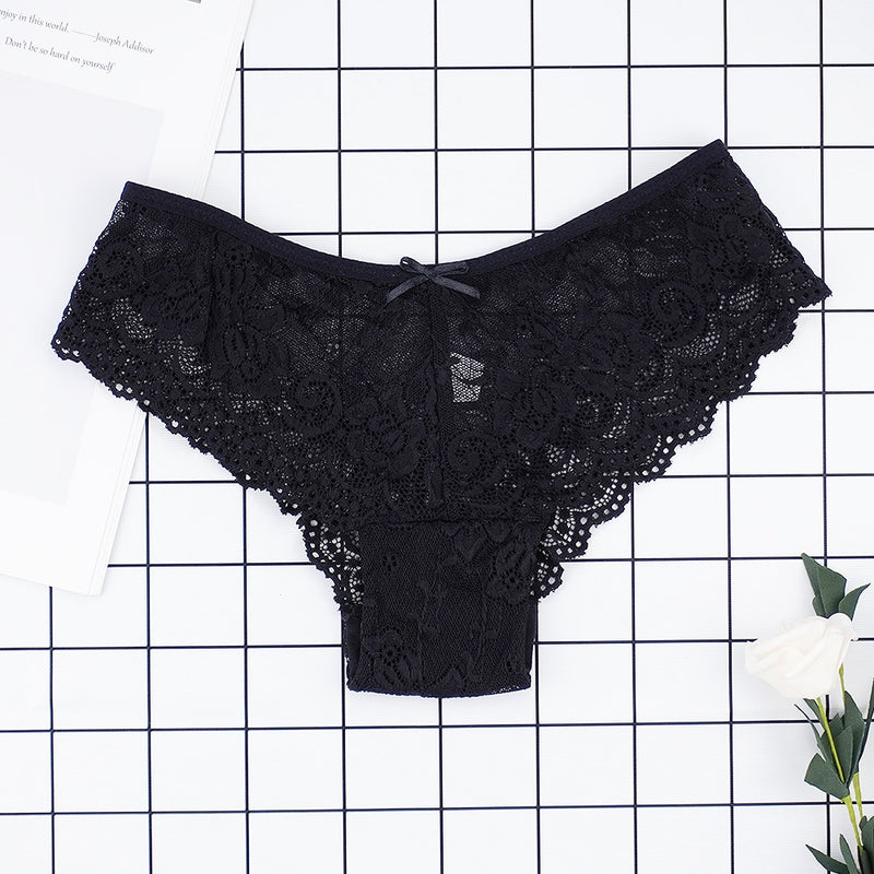 Fashion Sexy Full Lace Panties Transparent Women Briefs Female Hollow Out Low Cut Panty Breathable Bow Wholesale Underwear