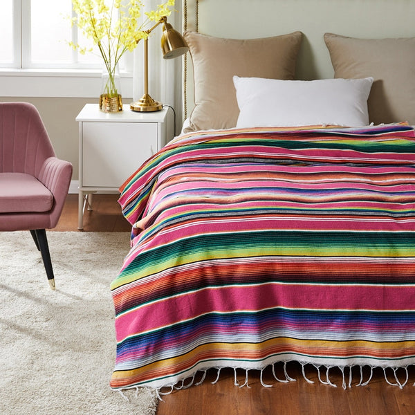 Boho Ethnic Style Beach Blanket Beach Towel Tassels Throw Rug Mexican Style Blankets Picnic Blanket Handmade Striped Tablecloth