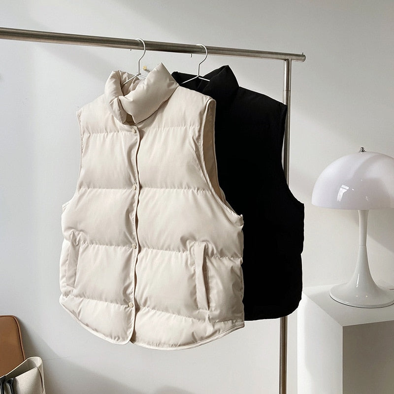 2022 Women Vest Coat Stand Collar Winter Women Warm Coat Oversize Tops Beige Vest Chaleco Mujer Gilet Casaco Feminino