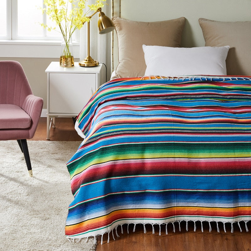 Boho Ethnic Style Beach Blanket Beach Towel Tassels Throw Rug Mexican Style Blankets Picnic Blanket Handmade Striped Tablecloth