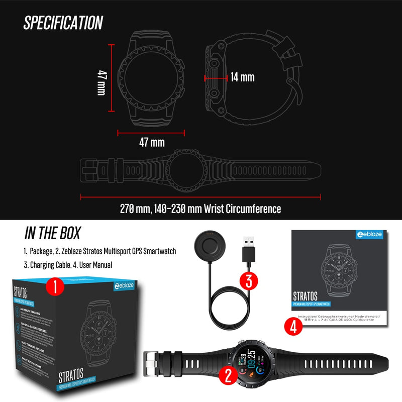 New 2021 Zeblaze Stratos Sports Smart Watch gps GPS GLONASS GALILEO Heart Rate SpO2 VO2max Stress 25 days Battery Life WR 5 ATM