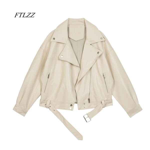 FTLZZ 2022 New Spring Women Pu Leather Motorcycle Jacket Female With Belt Solid Color Jackets Ladys Loose Casual Jacket