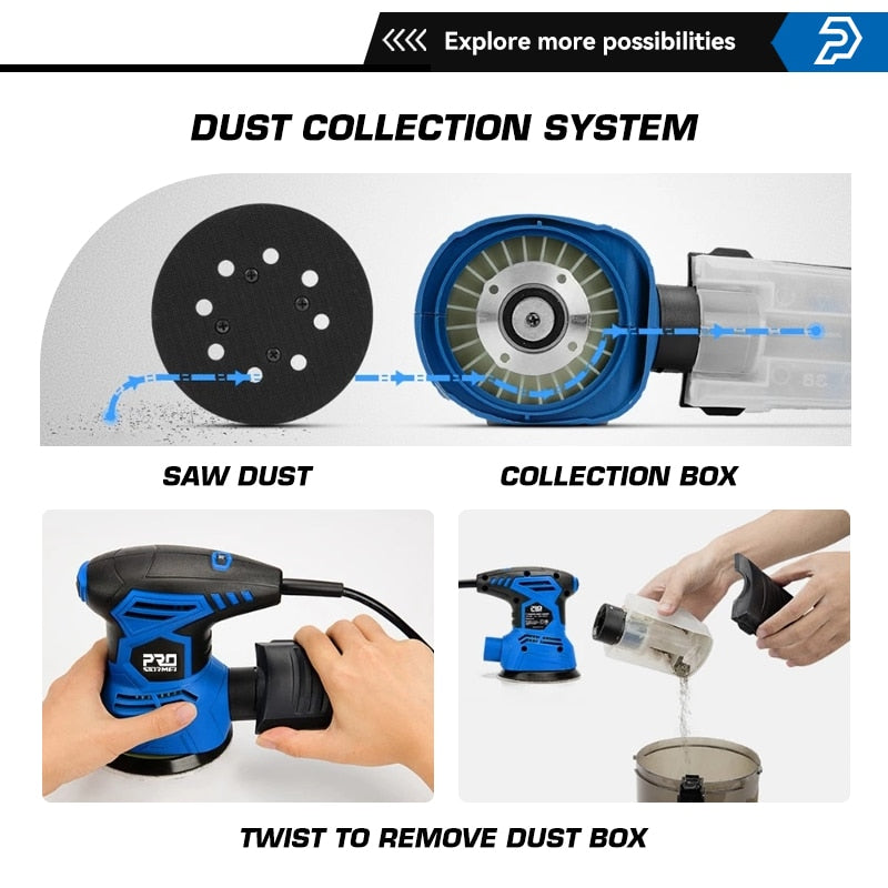 300W Random Orbital Electric Sander Machine with 21Pcs 125mm Sandpapers 120V/240V Strong Dust Collection Polisher by PROSTORMER