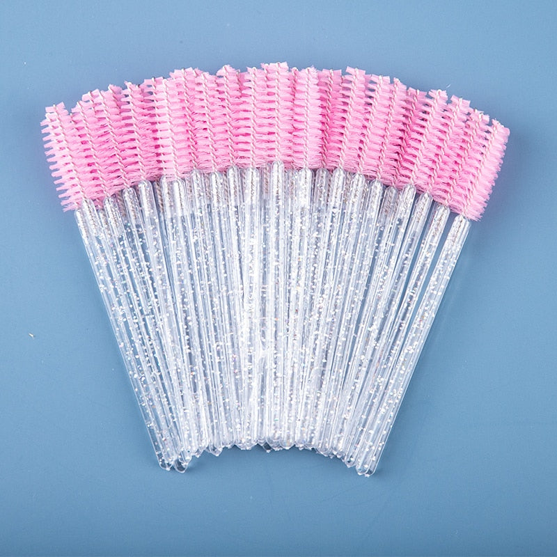 zwellbe Good Quality Disposable 50 Pcs/Pack Crystal Eyelash Makeup Brush  Diamond Handle Mascara Wands Eyelash Extension Tool