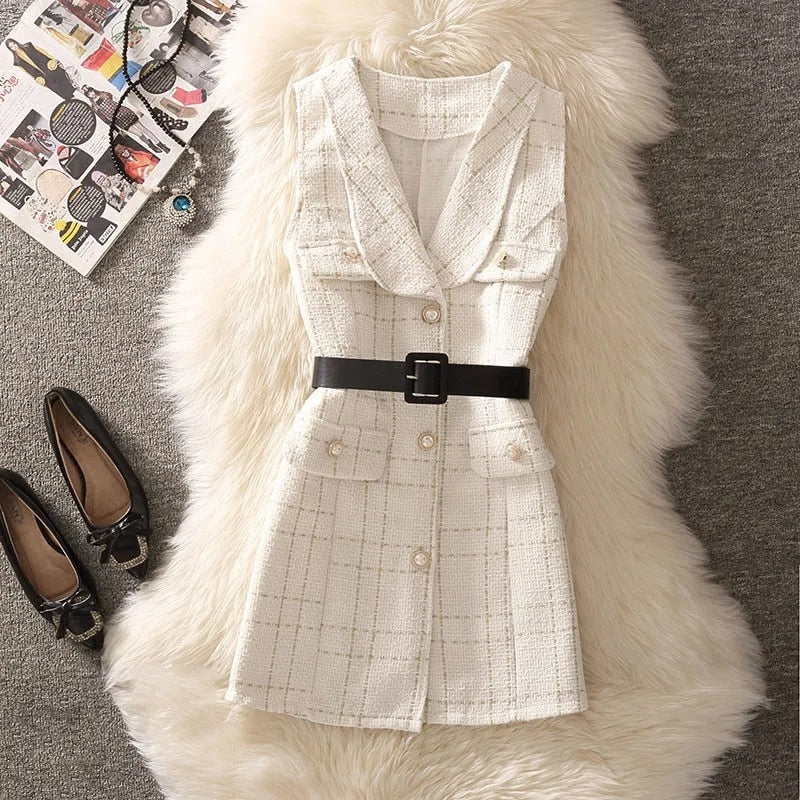 Vintage Mid-Length Plaid Tweed Vest Jacket Women 2 Piece Set Elegant Pearl Button Belted Unlined Waistcoat And Knitted Sweater