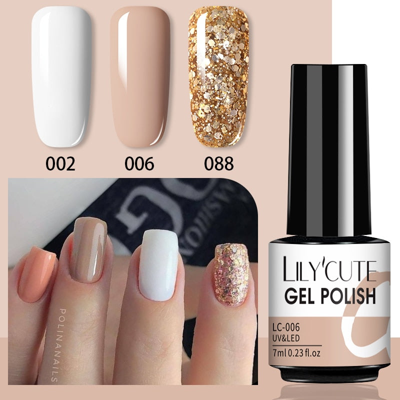 LILYCUTE 3 PCS Gel Nail Polish Set Nude Pink Glitter Sequins Matte Effect Gel Long Lasting Base Top Coat Nail Art Design Hybrid