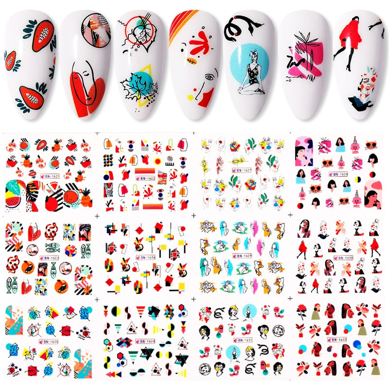 12 Designs Nail Stickers Set Mixed Floral Geometric Nail Art Water Transfer Decals Sliders Flower Leaves Manicures Decoration