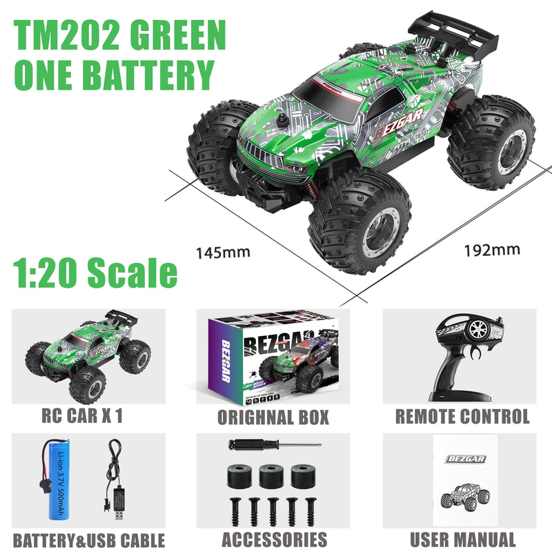 BEZGAR TM201 Remote Control Car,2.4GHz Rc Car All-Terrain 15Km/h 1:20 Off-Road Monster Truck Toy Christmas Present for Children