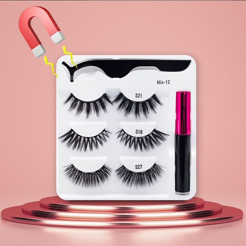 3Pairs Magnetic Lashes 3D Mink Eyelashes Wholesale Fake Eyelashes Magnetic Eyeliner With Tweezer Makeup Set For Beauty Faux Cils