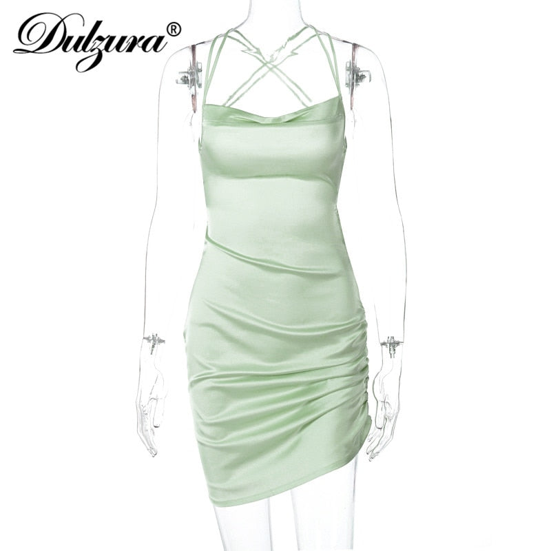 Dulzura Satin Women Strap Mini Dress Ruched Lace Up Cross Bandage Backless Bodycon Sexy Party Elegant 2020 Club Christmas Slim