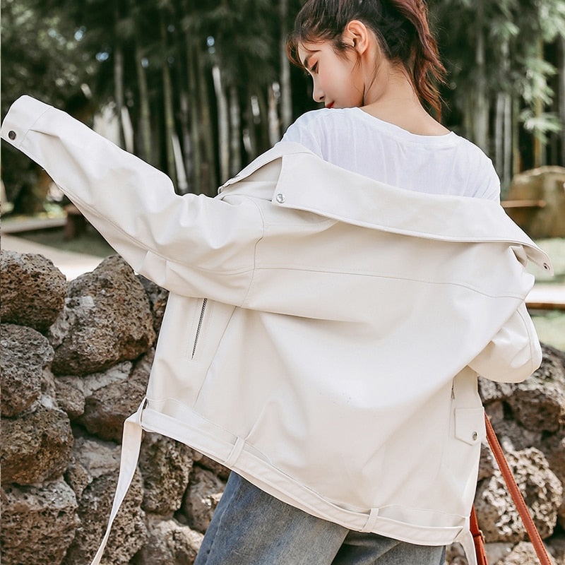 FTLZZ 2022 New Spring Women Pu Leather Motorcycle Jacket Female With Belt Solid Color Jackets Ladys Loose Casual Jacket