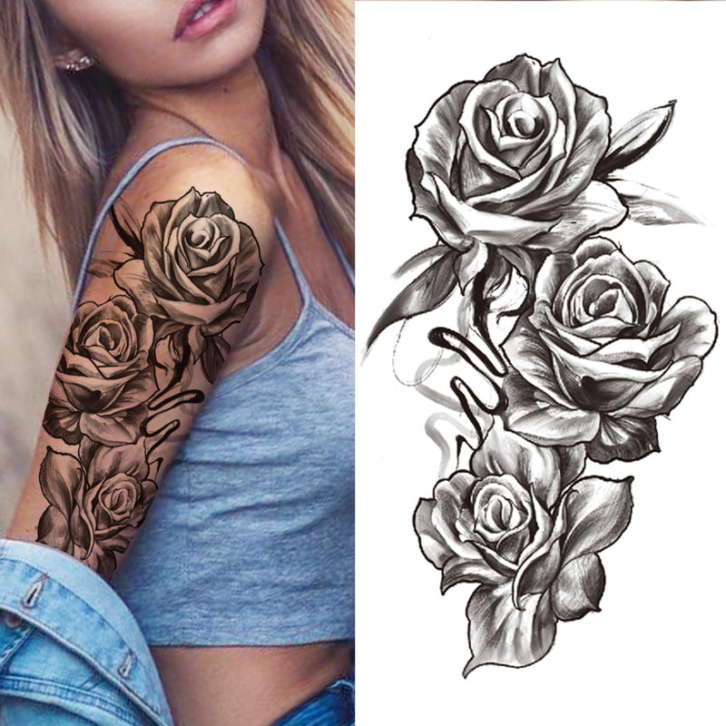 Death Skull Flower Temporary Tattoo For Women Girls Snake Bird Peony Tattoo Sticker Black Fake Blossom Sexy Tatoo Transfer Adult