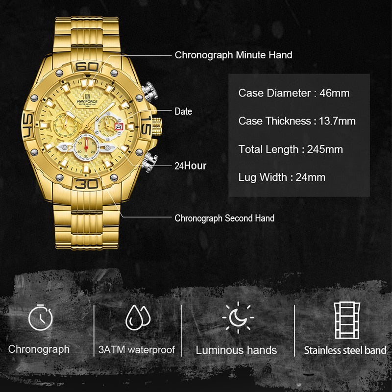 NAVIFORCE Watches For Men 2022 Luxury Original Classic Quartz Clock Analog Chronograph Sports Waterproof Steel Band Wrist Watch