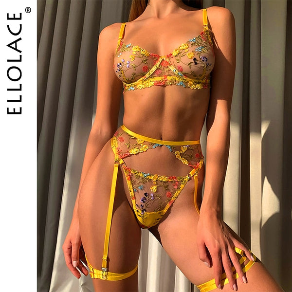 Ellolace Lingerie Sensual Lace Underwear Transparent Embroidery 3-Piece Garters Fancy Beautiful Short Skin Care Kits Intimate