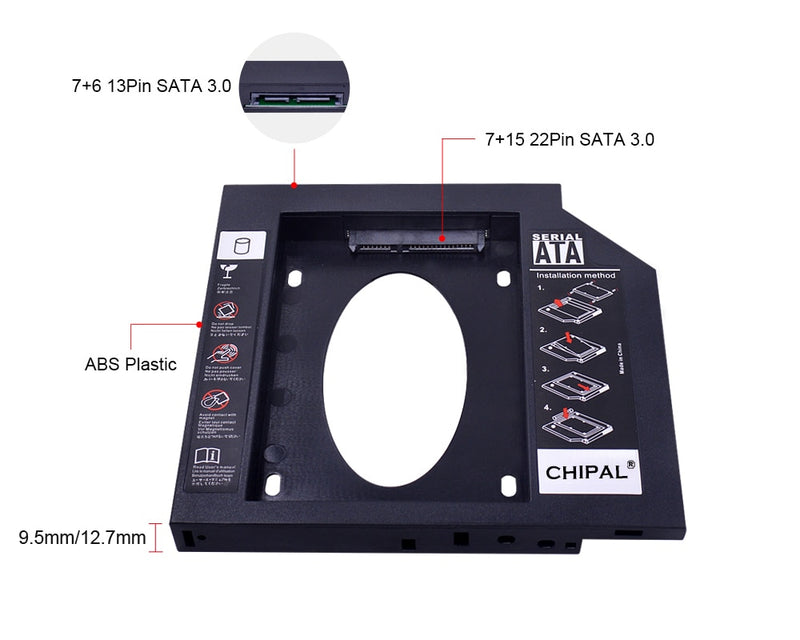 CHIPAL Second 2nd HDD Caddy 9MM 9.5MM 12.7MM SATA 3.0 for 2.5&#39;&#39; SSD Case Hard Disk Drive Adapter for Laptop CD DVD-ROM Optibay