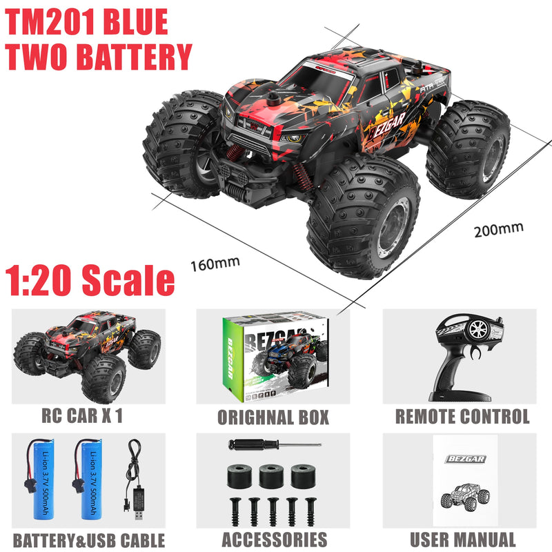 BEZGAR TM201 Remote Control Car,2.4GHz Rc Car All-Terrain 15Km/h 1:20 Off-Road Monster Truck Toy Christmas Present for Children