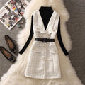 Vintage Mid-Length Plaid Tweed Vest Jacket Women 2 Piece Set Elegant Pearl Button Belted Unlined Waistcoat And Knitted Sweater