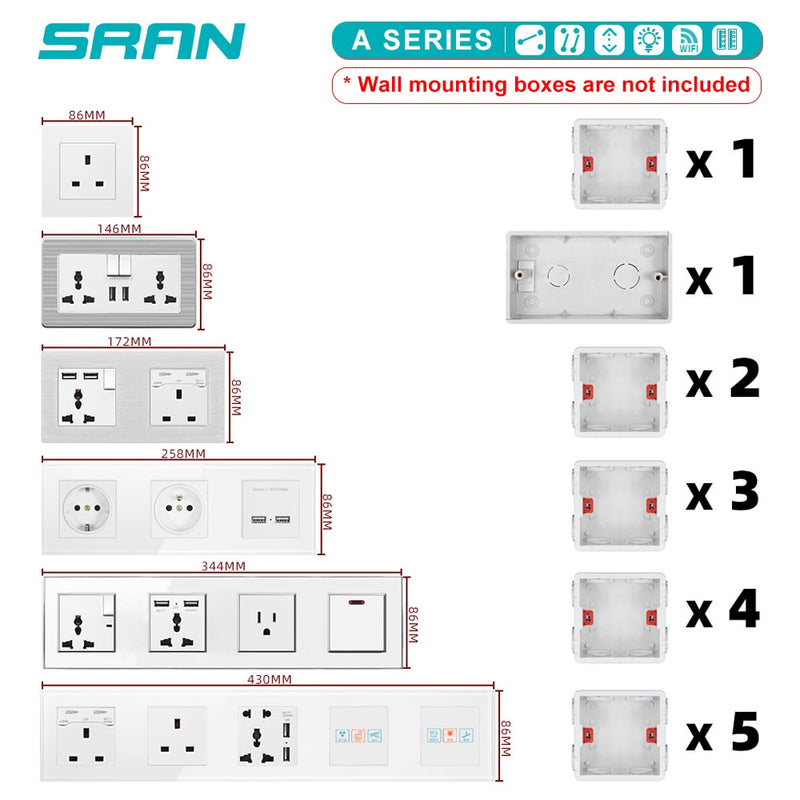 SRAN eu 2gang Power socket,16A electrical plug grounded Hide LED indicator,double Socket with USB, 146*86mm pc panel wall socket