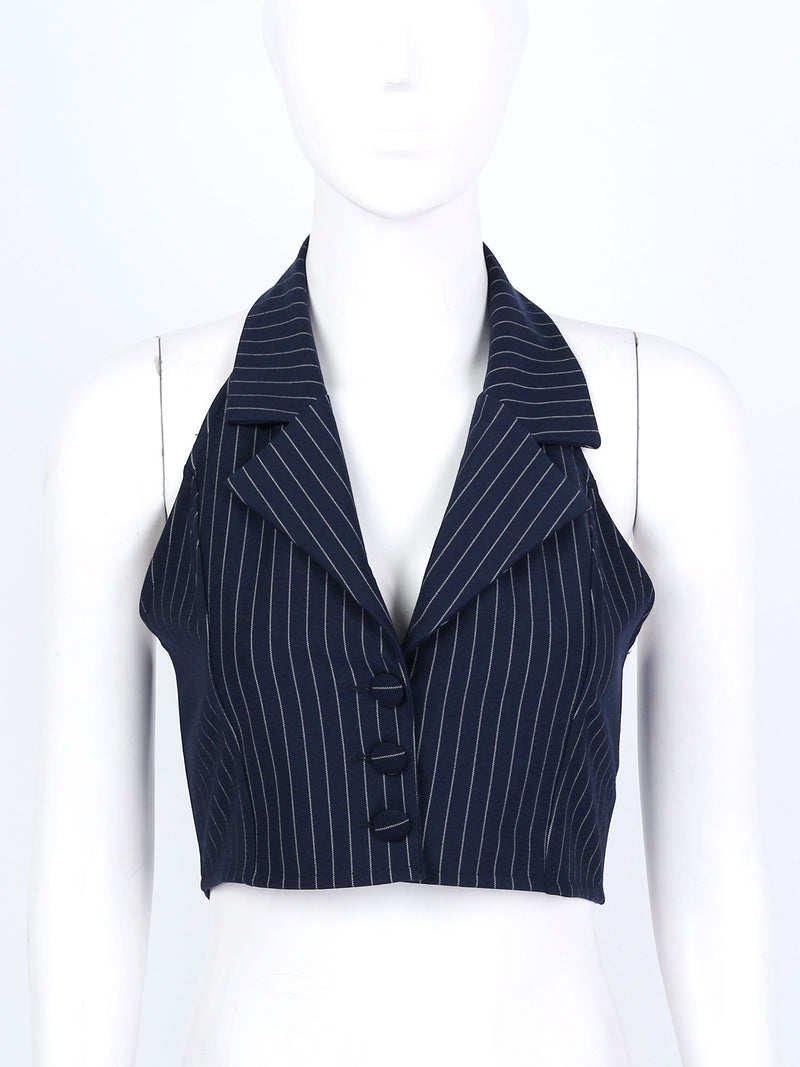 Womens Stripe Vests Elegant OL Waistcoat Suit Vest Halter Neck V-Neck Office Ladies Crop Tops Business Formal Work Wear Mujer
