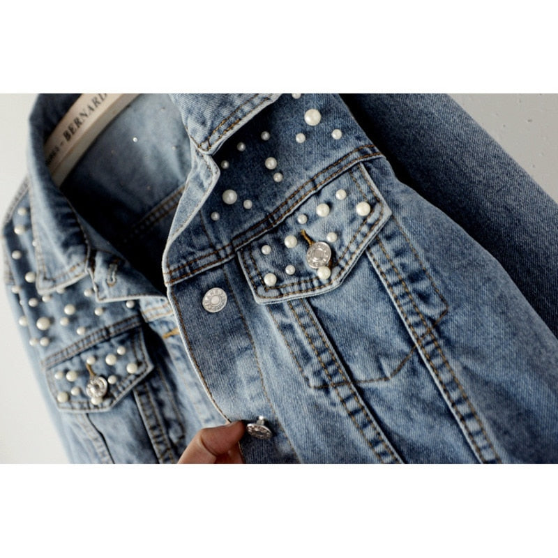 DEAT Fast Delivery New Autumn Fashion Women’s Denim Jacket Full Sleeve Loose Button Pearls Short Lapel Wild Casual 2022 AP446