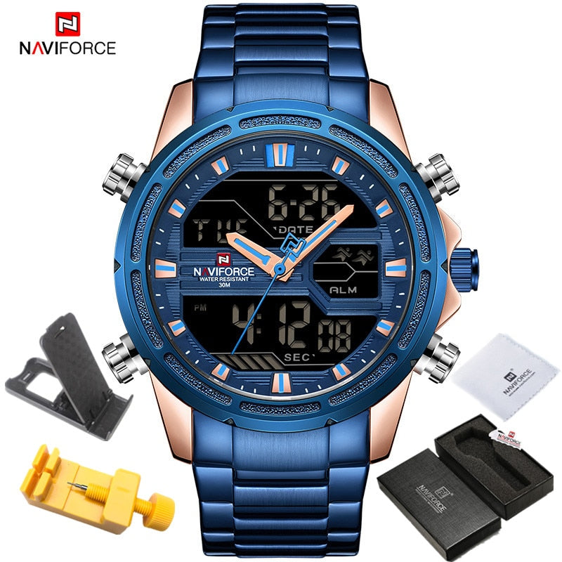 NAVIFORCE Watches for Men Luxury Brand Digital Chronograph Sport Quartz Wristwatch Waterproof Military Steel Band Luminous Clock