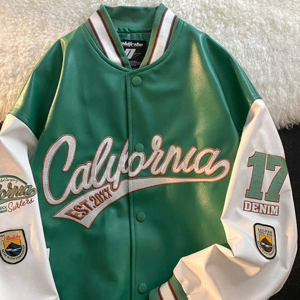 American retro letter embroidery leather jackets coats women&#39;s 2021 new street trend all-match baseball uniform couple loose top