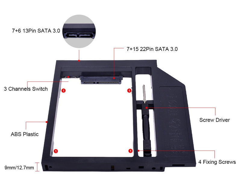 CHIPAL Second 2nd HDD Caddy 9MM 9.5MM 12.7MM SATA 3.0 for 2.5&#39;&#39; SSD Case Hard Disk Drive Adapter for Laptop CD DVD-ROM Optibay