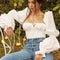 KLALIEN Spring Summer Fashion Elegant French Romantic Floral Puff Sleeve Square Collar Women Blouses New White Chiffon Shirt