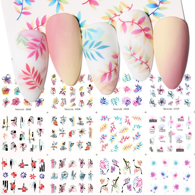 12 Designs Nail Stickers Set Mixed Floral Geometric Nail Art Water Transfer Decals Sliders Flower Leaves Manicures Decoration